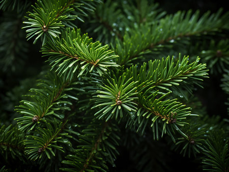 Pine tree branches with green needles close-up. Nature background