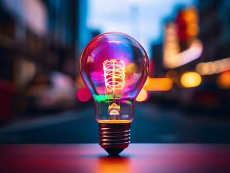Light bulb on the background of the night city. Idea concept.