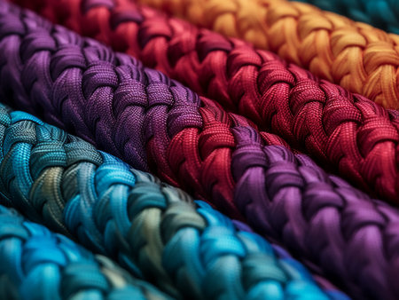 Close-up of colorful braided ribbons in a row.
