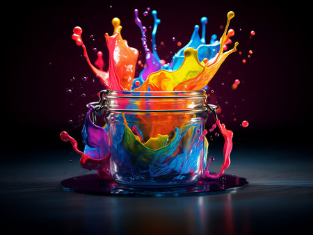 Colorful paint splashing out of a glass jar on black background