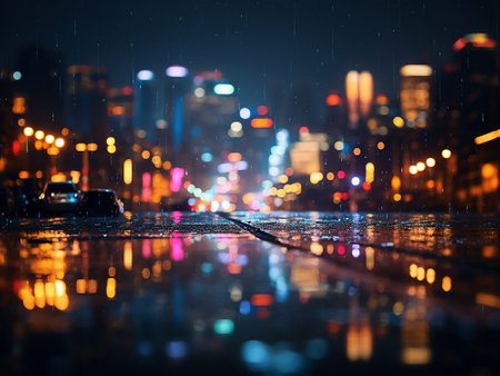 Raindrops on the road at night with city lights in the backgroundの写真素材