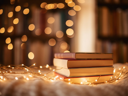 Pile of books with christmas lights on bokeh backgroundの写真素材