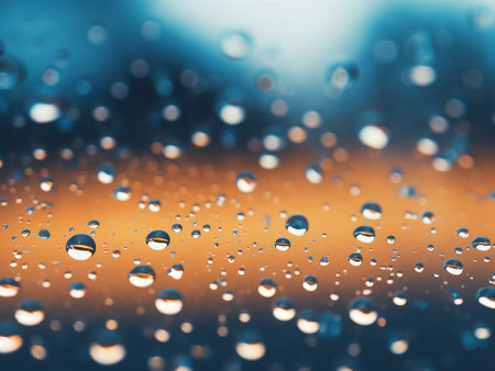 Raindrops on the glass. Abstract background with bokeh defocused lightsの写真素材