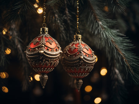 Christmas ornaments on the branches of a Christmas tree with bokehの写真素材