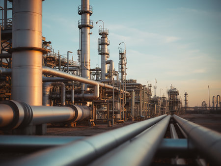 Industrial zone,The equipment of oil refining,Detail of industrial pipelines and equipment of oil refining.の写真素材