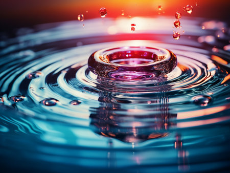 Falling drops of water. Splash effect after collision a falling drops with water Surfaceの写真素材