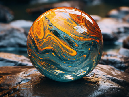 Close up of a glass ball with blue and orange abstract pattern.の写真素材