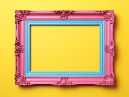 Pink frame on yellow background, top view. Empty space for textの写真素材