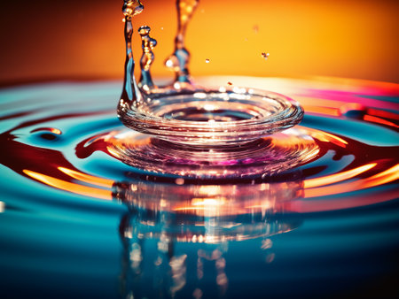 Falling drops of water. Splash effect after collision a falling drops with water Surfaceの写真素材