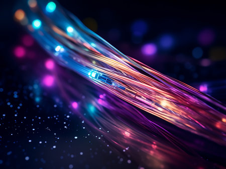 3d rendering of abstract technology fiber optic background with bright glowing linesの写真素材