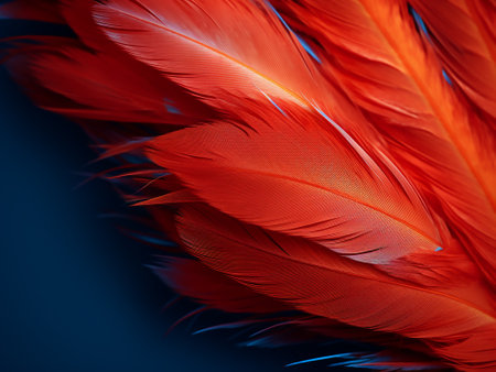Beautiful color feathers as background, closeup. Red feather textureの写真素材