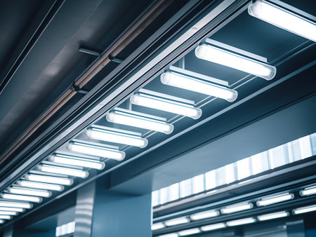 Futuristic LED lights in the interior of the modern building.の写真素材