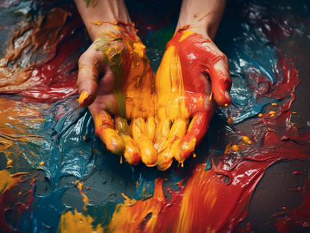 Close up of female hands covered with colorful paint. Art concept.の写真素材