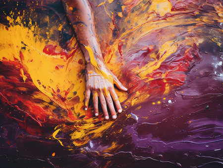 Close up of woman's hands covered in paint. Colorful backgroundの写真素材