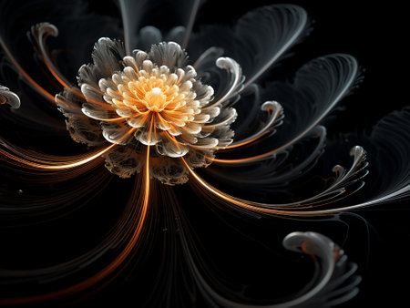 Abstract fractal flower. Fractal art background for creative design. Decoration for wallpaper, desktop, poster, cover booklet. Print for clothes, t-shirt. Creative illustration for designの写真素材