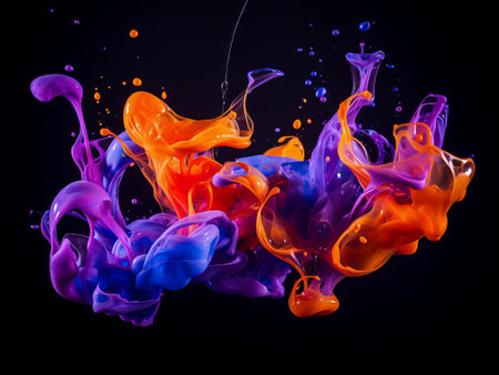Colorful paint splashes isolated on black background. 3d renderingの写真素材