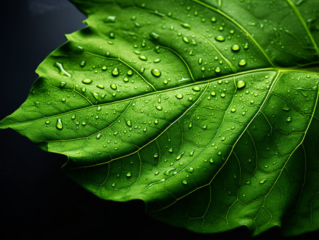 Green leaf with water drops on black background. Shallow depth of field.