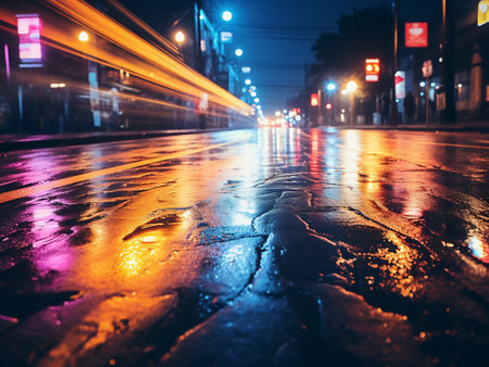 Rainy wet asphalt road in the city at night. Shallow depth of fieldの写真素材