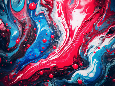 Abstract background of acrylic paint in blue and red tones. Liquid acrylic painting.