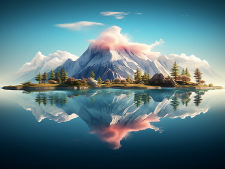 Mountains reflected in the water. 3d rendering. Computer digital drawing.の写真素材