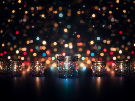 Candles in glass jars with colorful bokeh lights on background.の写真素材