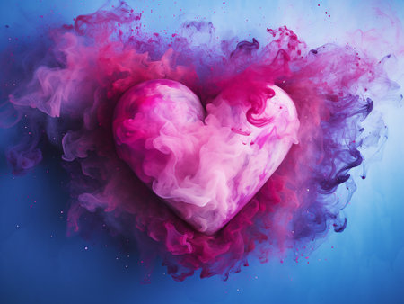 Heart shaped cloud of pink and blue smoke. Valentine's day background.の写真素材