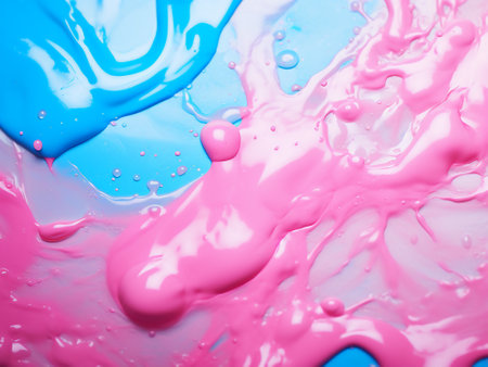 pink and blue paint splashes on a blue background. macroの写真素材
