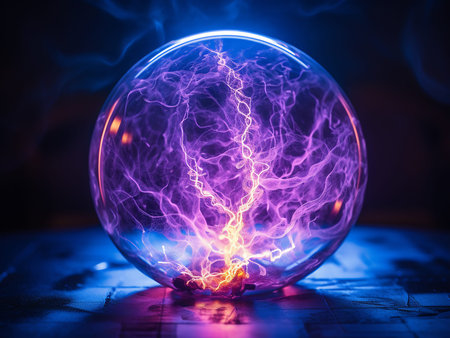 Magic crystal ball with electric lightning on dark toned foggy backgroundの写真素材