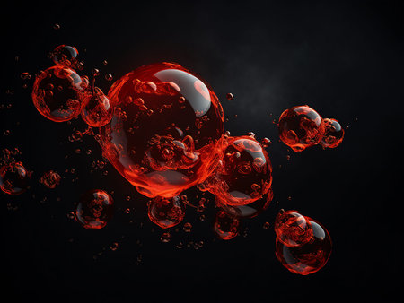 Abstract red bubbles on black background. 3d render illustration with copy spaceの写真素材