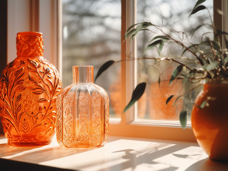 Vintage orange glass vases on the windowsill in the morningの写真素材