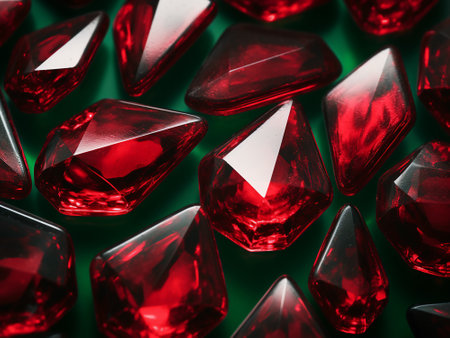 Red ruby stones on green background. 3d rendering. Macro.の写真素材
