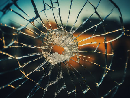 broken glass on the background of the city at sunset. close-upの写真素材
