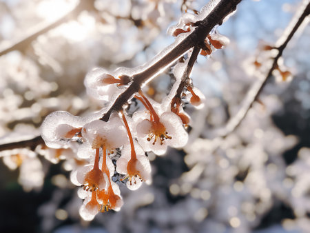 Snow-covered branches of a blossoming tree in the early spring.の写真素材