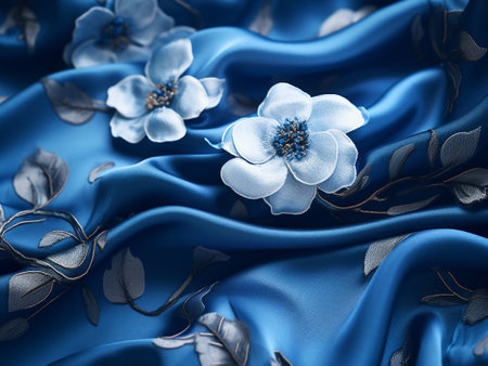 Blue satin fabric with flowers. 3d rendering, 3d illustration.の写真素材