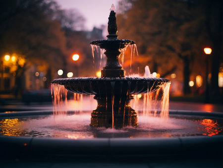 Fountain in the park at night. Shallow depth of field.の写真素材