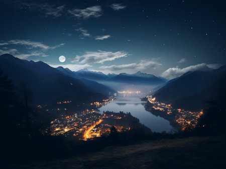 Mountain lake at night with a view of the city and mountainsの写真素材