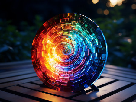 Colorful disco ball on wooden table. Abstract background. 3d renderingの写真素材