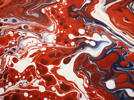 Abstract background of red, blue and white paint. Liquid marble pattern.