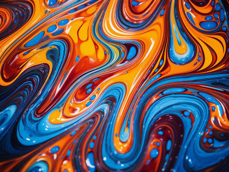 abstract background - blue and orange paint mixing in water, macroの写真素材