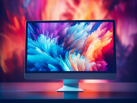 Computer monitor with colorful abstract background, 3D rendering. Computer monitor on table