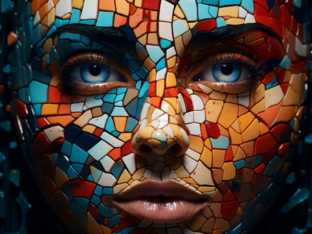 Portrait of a beautiful young woman with blue eyes in a colorful mosaic maskの写真素材