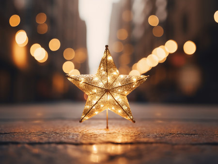 Christmas star on the background of a city street with bokehの写真素材