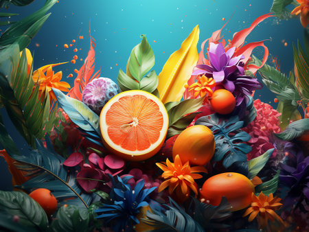 Fruit background with exotic flowers and fruits. 3d illustration.の写真素材