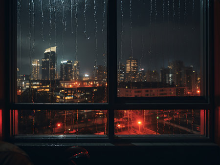 Night city view through the window. Rainy weather. Cityscape.の写真素材