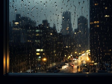 Rain drops on window glass with blurry cityscape background. Rainy weather conceptの写真素材