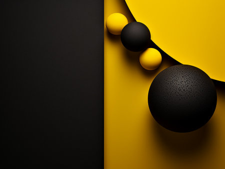 Abstract black and yellow background with spheres. 3d render illustration.の写真素材