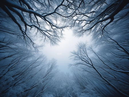 Fantasy winter forest with fog and trees. Blue toned.の写真素材