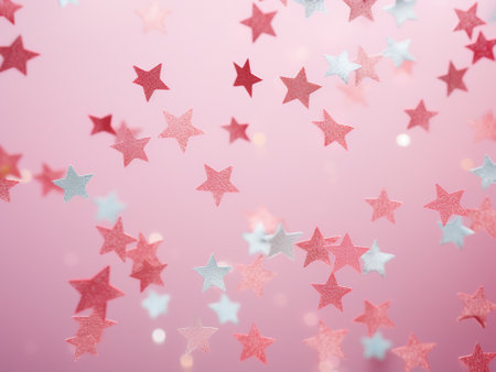 Colorful stars confetti on a pink background. Festive background.の写真素材