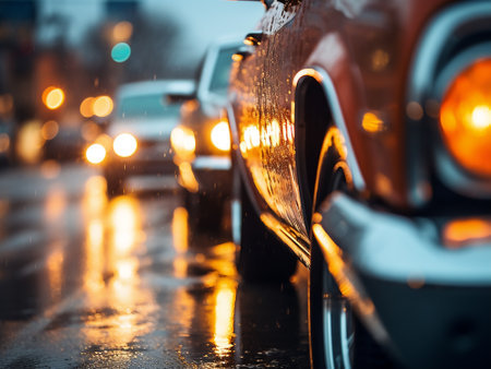 Car on the road in the rain. Blurred background. Selective focus.の写真素材