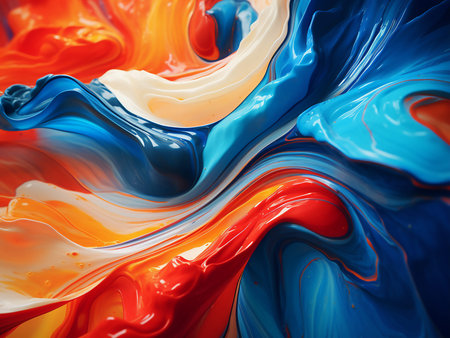 Abstract background of acrylic paints in blue, orange and red colors.
